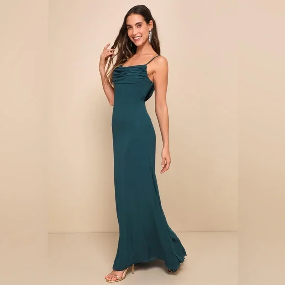 NWOT | Lulus | Captivated Emerald Green Cowl Neck Maxi Dress | Sz S - Picture 5 of 12